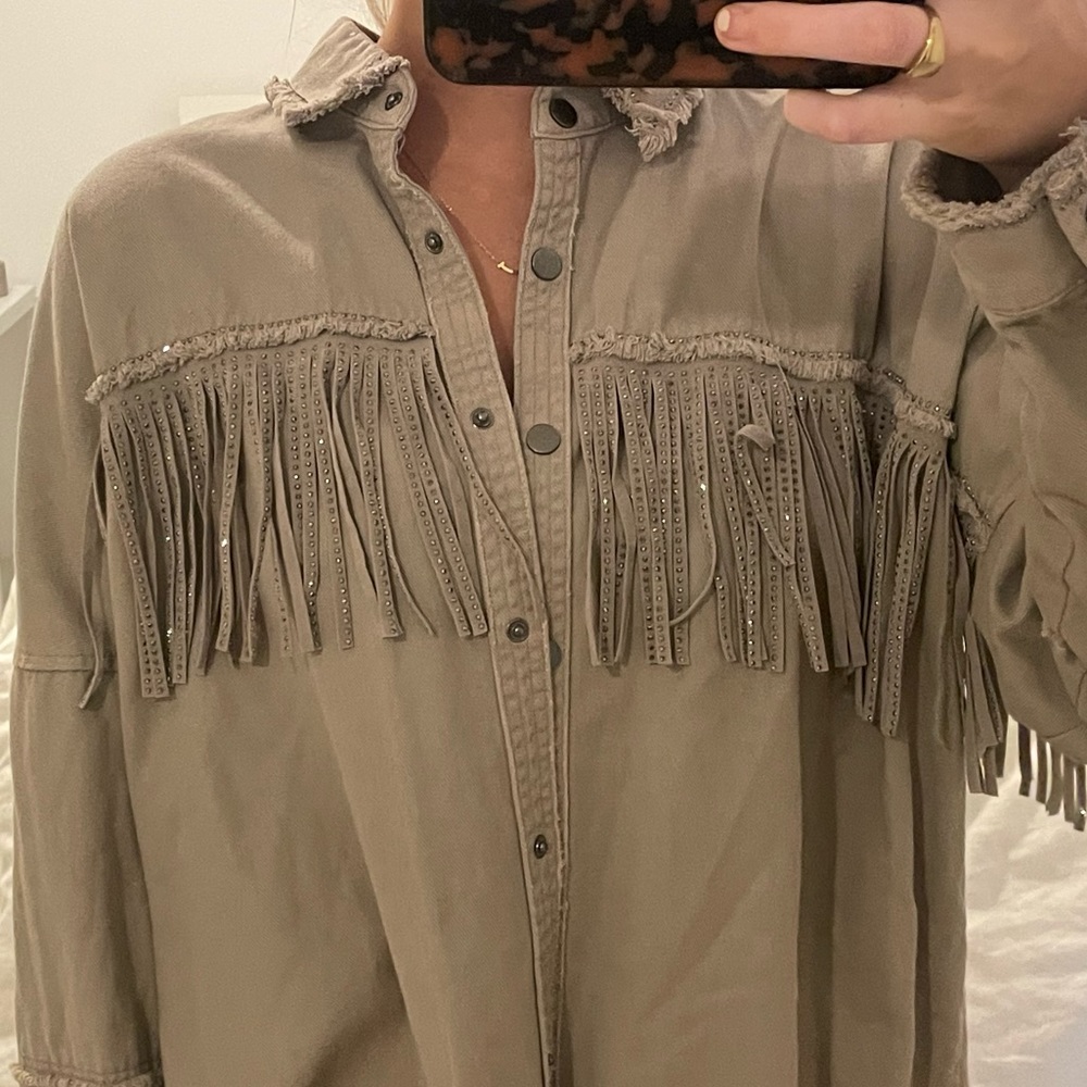 Zara Military Fringe Denim Jacket